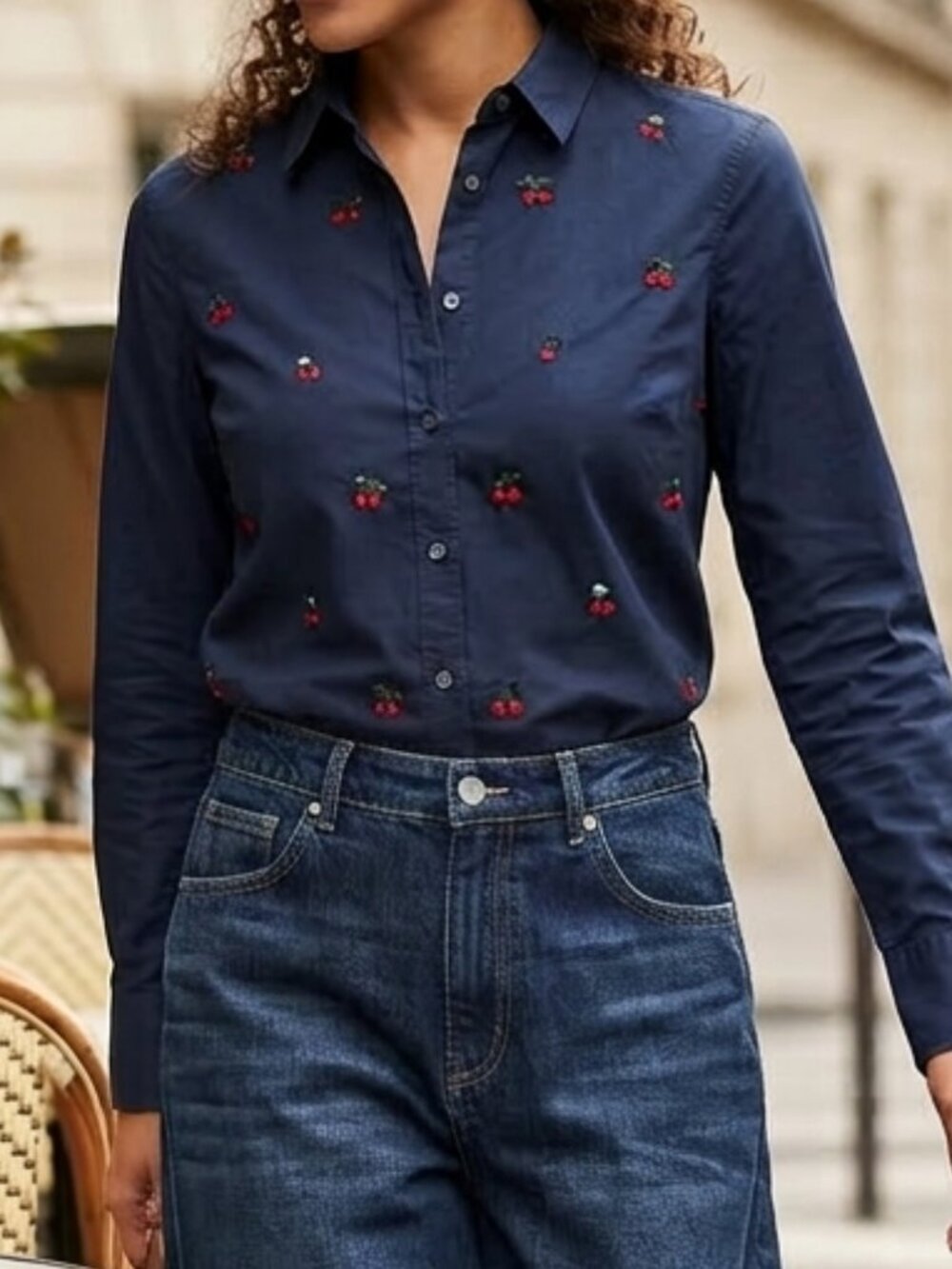 NWT J Crew Perfect Shirt Navy Embellished Cherries Size 4 Slim Novelty Preppy